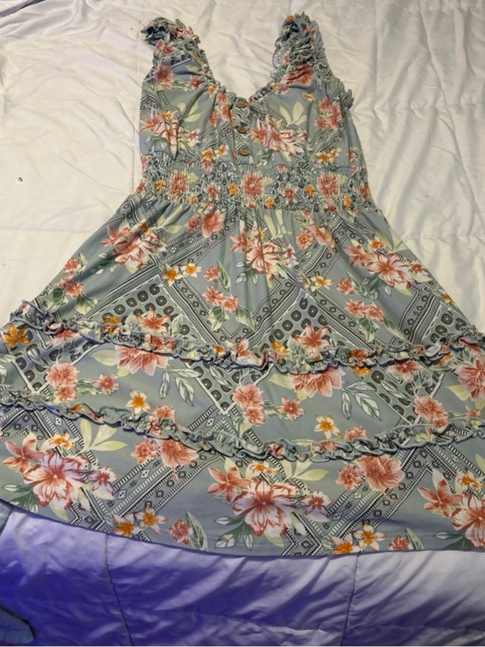 Floral Tiered Smocked Mini Dress in Sage Green and Peach